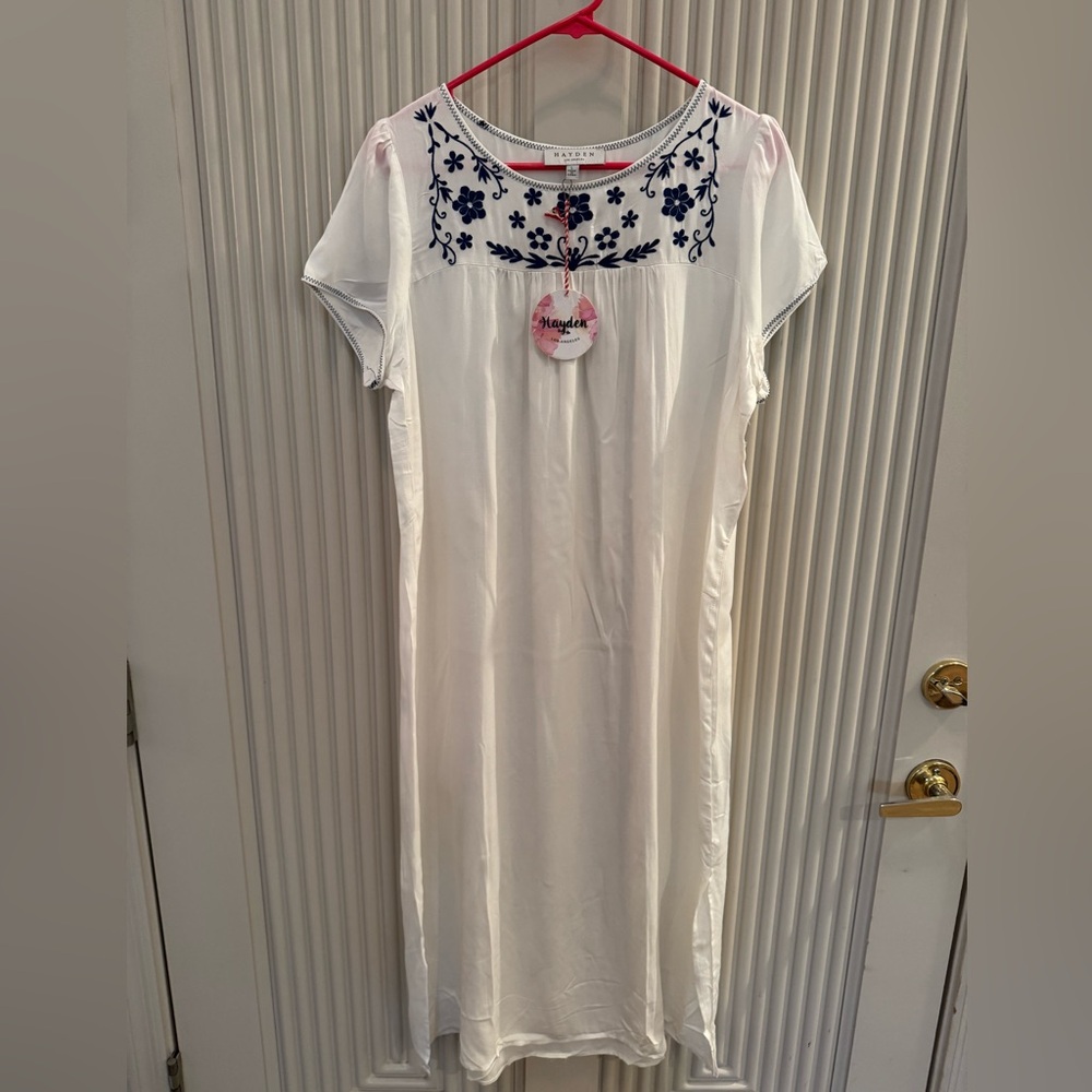 Hayden White Dress with Navy Floral Embroidery